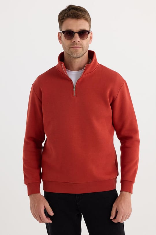 Unisex Relax Fit Rahat Kesim Pamuklu İçi Polarlı Yarım Fermuarlı Kırmızı Dik Yaka Sweatshirt