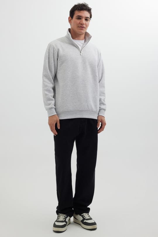Unisex Relax Fit Rahat Kesim Pamuklu İçi Polarlı Yarım Fermuarlı Gri Dik Yaka Sweatshirt
