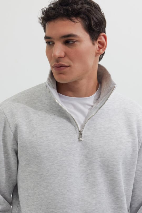 Unisex Relax Fit Rahat Kesim Pamuklu İçi Polarlı Yarım Fermuarlı Gri Dik Yaka Sweatshirt