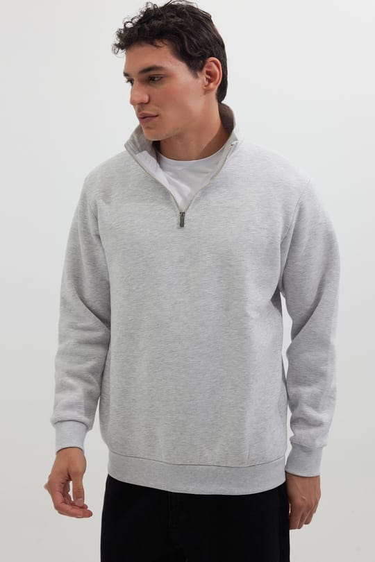 Unisex Relax Fit Rahat Kesim Pamuklu İçi Polarlı Yarım Fermuarlı Gri Dik Yaka Sweatshirt