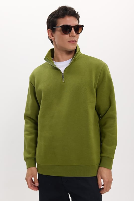 Unisex Relax Fit Rahat Kesim Pamuklu İçi Polarlı Yarım Fermuarlı Haki Dik Yaka Sweatshirt