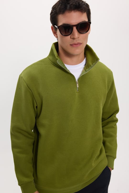 Unisex Relax Fit Rahat Kesim Pamuklu İçi Polarlı Yarım Fermuarlı Haki Dik Yaka Sweatshirt