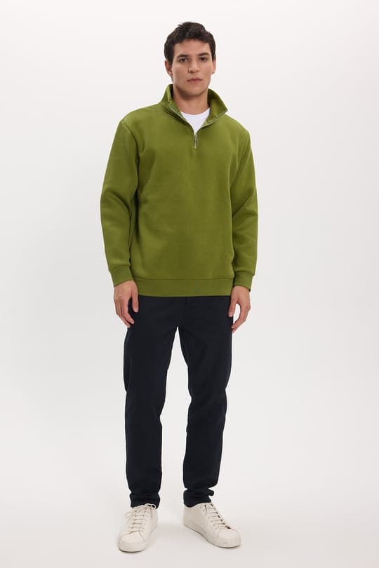 Unisex Relax Fit Rahat Kesim Pamuklu İçi Polarlı Yarım Fermuarlı Haki Dik Yaka Sweatshirt