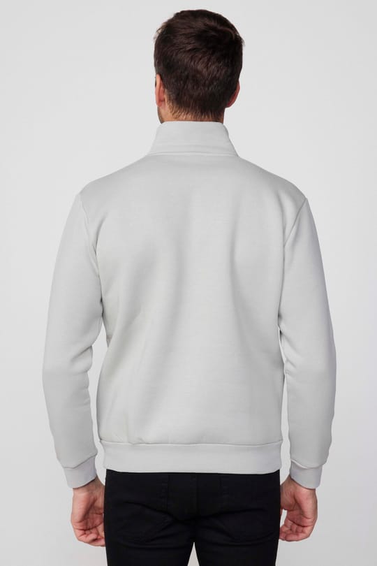 Unisex Relax Fit Rahat Kesim Pamuklu İçi Polarlı Yarım Fermuarlı Taş Renk Dik Yaka Sweatshirt