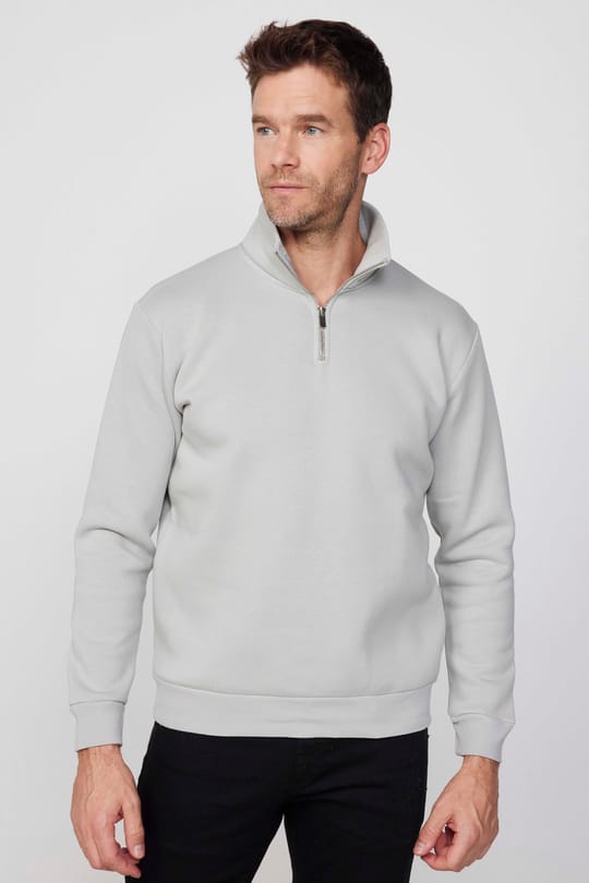 Unisex Relax Fit Rahat Kesim Pamuklu İçi Polarlı Yarım Fermuarlı Taş Renk Dik Yaka Sweatshirt