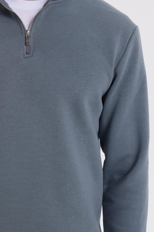 Unisex Relax Fit Rahat Kesim Pamuklu İçi Polarlı Yarım Fermuarlı Gri Dik Yaka Sweatshirt