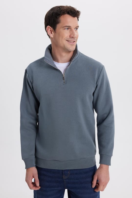 Unisex Relax Fit Rahat Kesim Pamuklu İçi Polarlı Yarım Fermuarlı Gri Dik Yaka Sweatshirt
