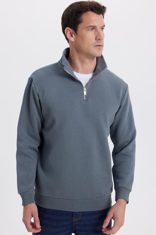 Unisex Relax Fit Rahat Kesim Pamuklu İçi Polarlı Yarım Fermuarlı Gri Dik Yaka Sweatshirt