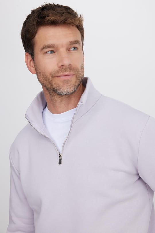 Unisex Relax Fit Rahat Kesim Pamuklu İçi Polarlı Yarım Fermuarlı Lila Dik Yaka Sweatshirt