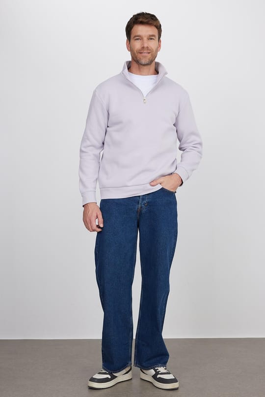 Unisex Relax Fit Rahat Kesim Pamuklu İçi Polarlı Yarım Fermuarlı Lila Dik Yaka Sweatshirt
