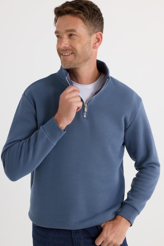 Unisex Relax Fit Rahat Kesim Pamuklu İçi Polarlı Yarım Fermuarlı Mavi Dik Yaka Sweatshirt