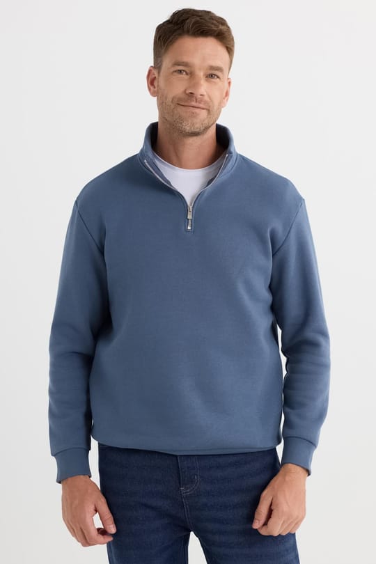 Unisex Relax Fit Rahat Kesim Pamuklu İçi Polarlı Yarım Fermuarlı Mavi Dik Yaka Sweatshirt
