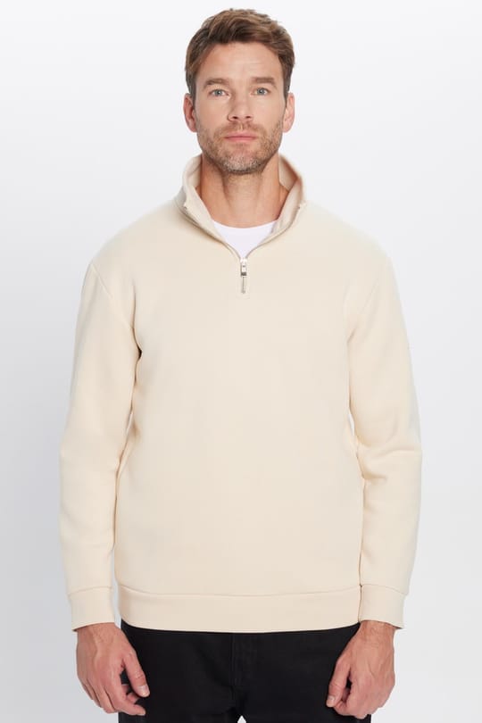 Unisex Relax Fit Rahat Kesim Pamuklu İçi Polarlı Yarım Fermuarlı Ekru Dik Yaka Sweatshirt