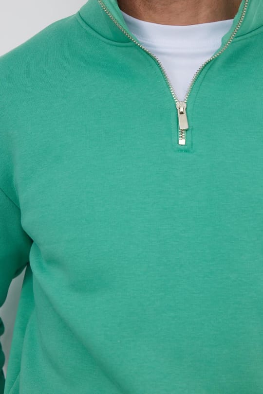 Unisex Relax Fit Rahat Kesim Pamuklu İçi Polarlı Yarım Fermuarlı Yeşil Dik Yaka Sweatshirt