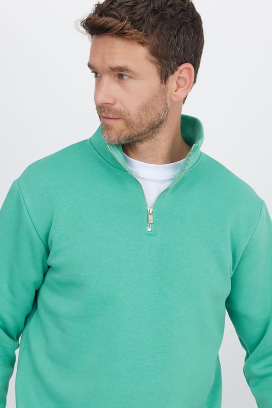 Unisex Relax Fit Rahat Kesim Pamuklu İçi Polarlı Yarım Fermuarlı Yeşil Dik Yaka Sweatshirt