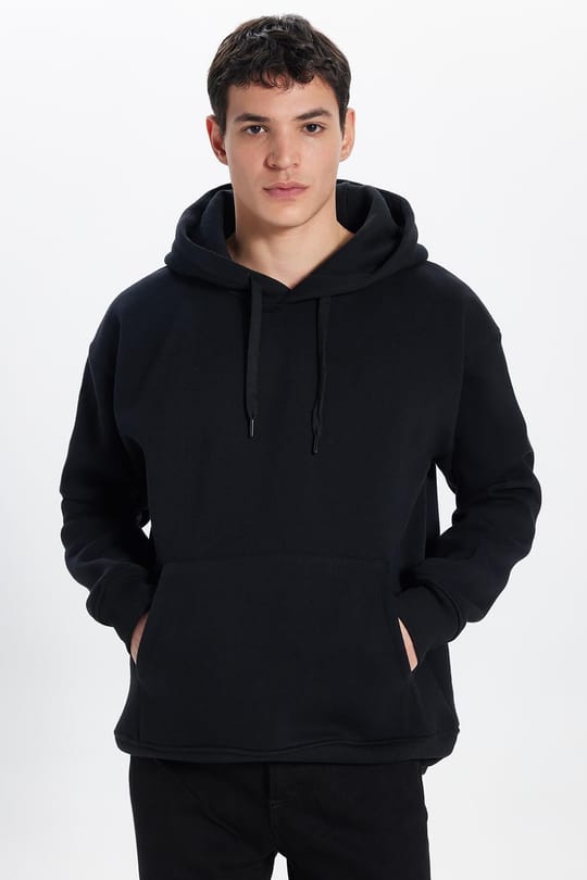 Unisex Oversize Geniş Kesim Pamuklu Yumuşak Dokulu İçi Polarlı Basic Siyah Kapüşonlu Sweatshirt