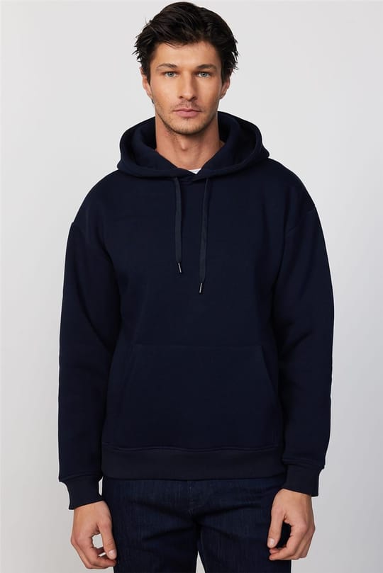 Unisex Oversize Geniş Kesim Pamuklu Yumuşak Dokulu İçi Polarlı Basic Lacivert Kapüşonlu Sweatshirt