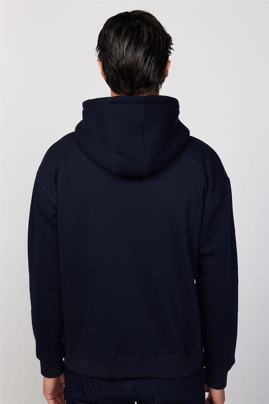 Unisex Oversize Geniş Kesim Pamuklu Yumuşak Dokulu İçi Polarlı Basic Lacivert Kapüşonlu Sweatshirt