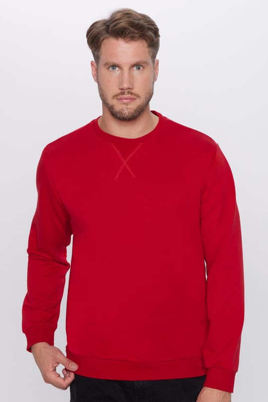 Unisex Oversize Geniş Kesim Pamuklu Basic Kırmızı Bisiklet Yaka Sweatshirt