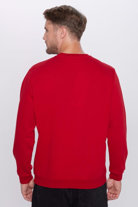 Unisex Oversize Geniş Kesim Pamuklu Basic Kırmızı Bisiklet Yaka Sweatshirt