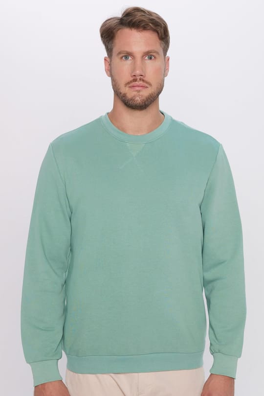Unisex Oversize Geniş Kesim Pamuklu Basic Yeşil Bisiklet Yaka Sweatshirt
