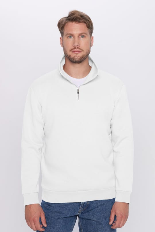 Unisex Relax Fit Rahat Kesim %100 Pamuk Yarım Fermuarlı Beyaz Dik Yaka Sweatshirt