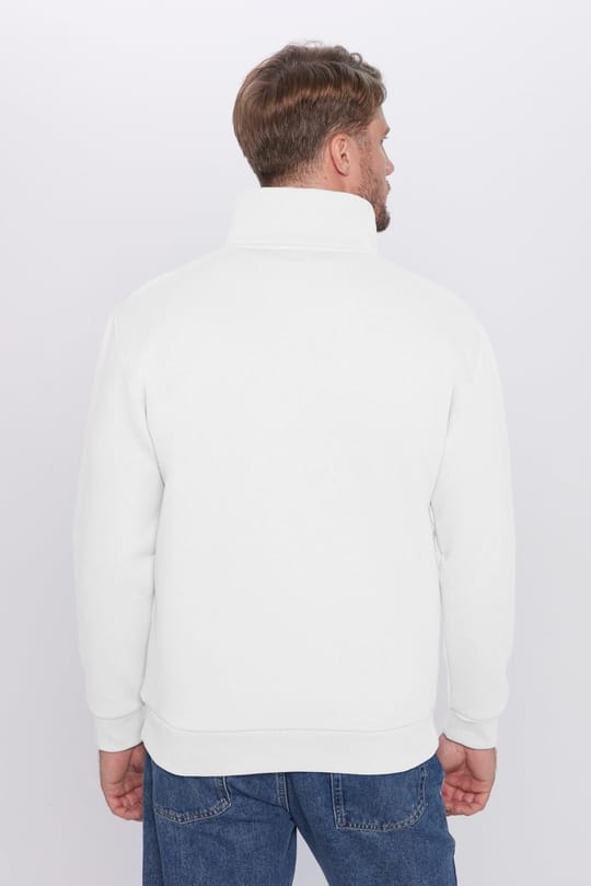 Unisex Relax Fit Rahat Kesim %100 Pamuk Yarım Fermuarlı Beyaz Dik Yaka Sweatshirt