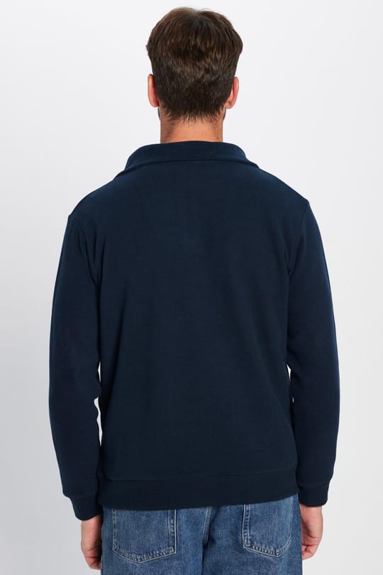 Unisex Relax Fit Rahat Kesim Fitilli Desenli Pamuklu Yarım Fermuarlı İndigo Dik Yaka Sweatshirt