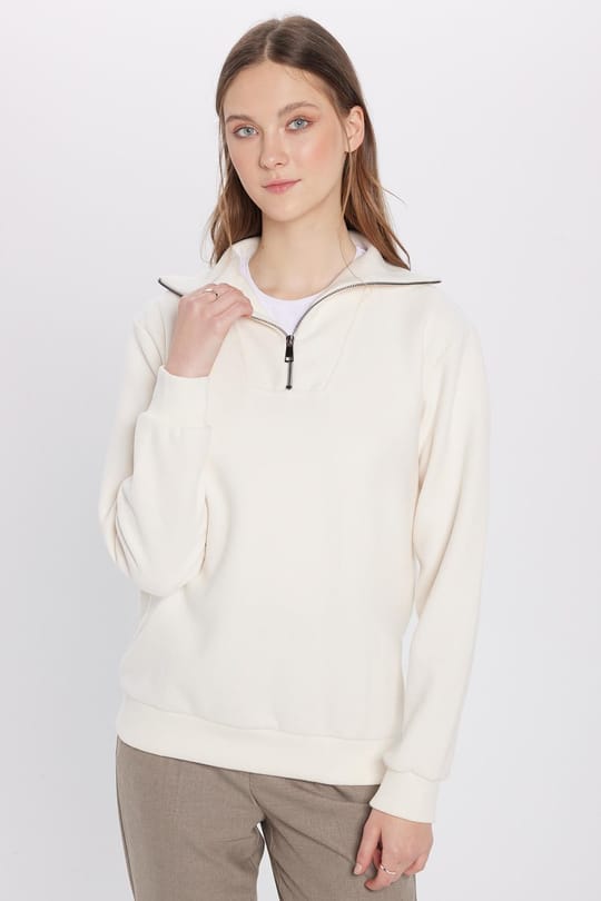 Unisex Relax Fit Rahat Kesim Fitilli Desenli Pamuklu Yarım Fermuarlı Ekru Dik Yaka Sweatshirt