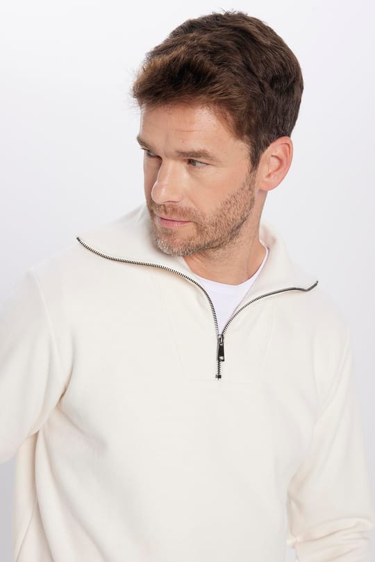 Unisex Relax Fit Rahat Kesim Fitilli Desenli Pamuklu Yarım Fermuarlı Ekru Dik Yaka Sweatshirt