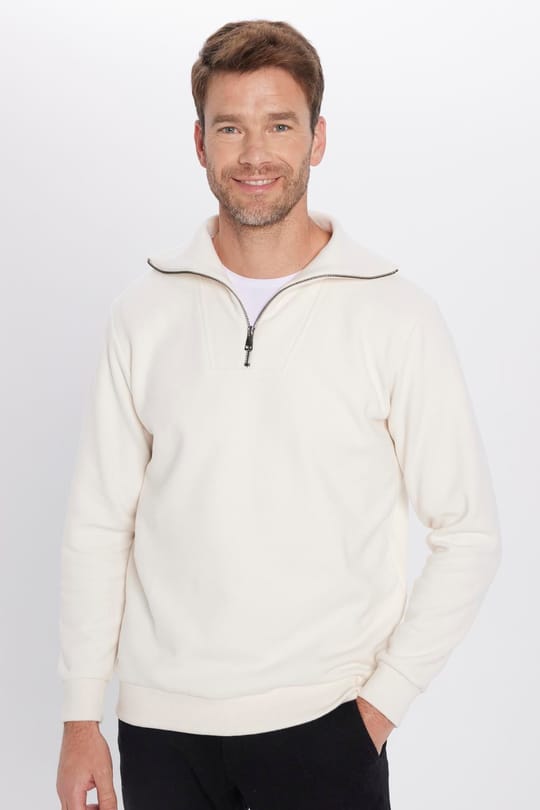 Unisex Relax Fit Rahat Kesim Fitilli Desenli Pamuklu Yarım Fermuarlı Ekru Dik Yaka Sweatshirt