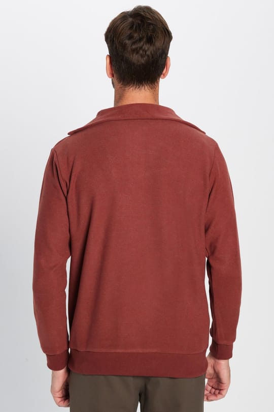 Unisex Relax Fit Rahat Kesim Desenli Pamuklu Yarım Fermuarlı Kiremit Renk Dik Yaka Sweatshirt