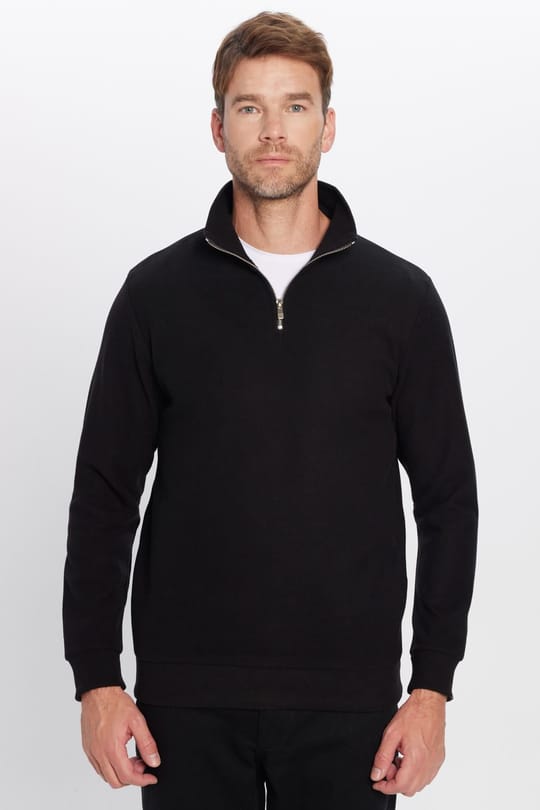 Unisex Relax Fit Rahat Kesim Fitilli Pamuklu Yarım Fermuarlı Siyah Dik Yaka Sweatshirt