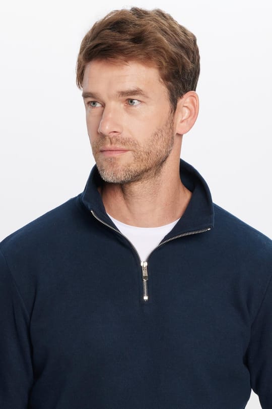Unisex Relax Fit Rahat Kesim Fitilli Pamuklu Yarım Fermuarlı Lacivert Dik Yaka Sweatshirt