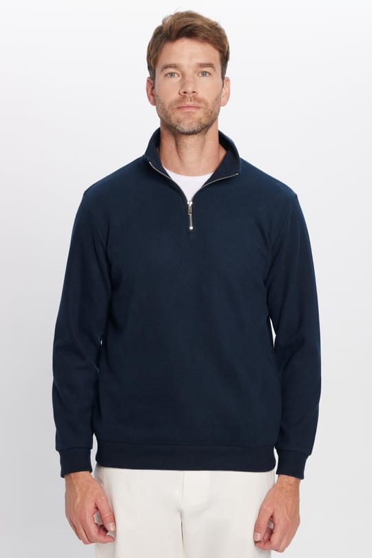 Unisex Relax Fit Rahat Kesim Fitilli Pamuklu Yarım Fermuarlı Lacivert Dik Yaka Sweatshirt