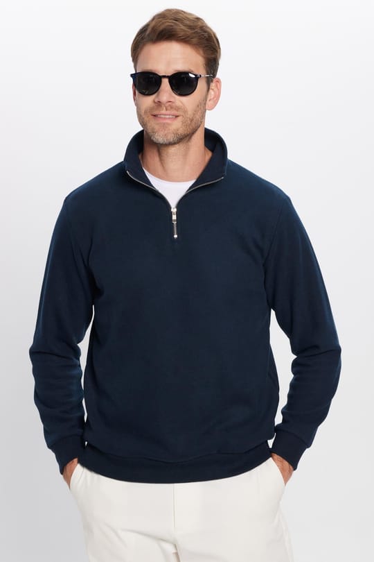 Unisex Relax Fit Rahat Kesim Fitilli Pamuklu Yarım Fermuarlı Lacivert Dik Yaka Sweatshirt