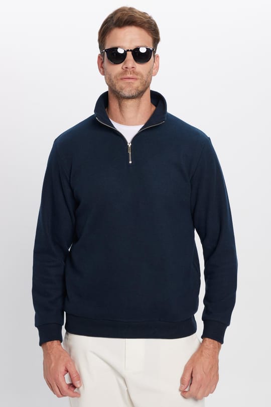 Unisex Relax Fit Rahat Kesim Fitilli Pamuklu Yarım Fermuarlı Lacivert Dik Yaka Sweatshirt