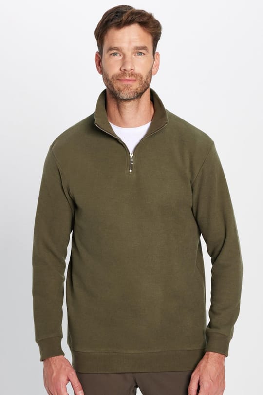 Unisex Relax Fit Rahat Kesim Fitilli Pamuklu Yarım Fermuarlı Haki Dik Yaka Sweatshirt