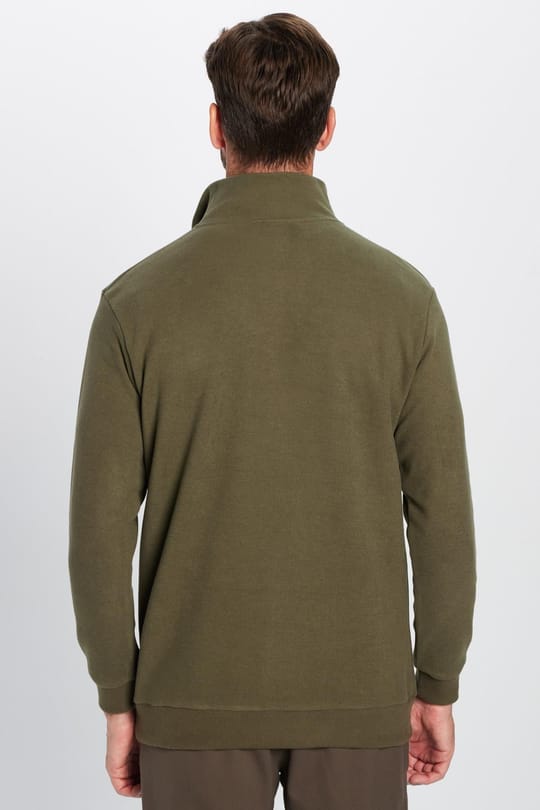 Unisex Relax Fit Rahat Kesim Fitilli Pamuklu Yarım Fermuarlı Haki Dik Yaka Sweatshirt