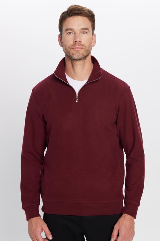 Unisex Relax Fit Rahat Kesim Fitilli Pamuklu Yarım Fermuarlı Bordo Dik Yaka Sweatshirt