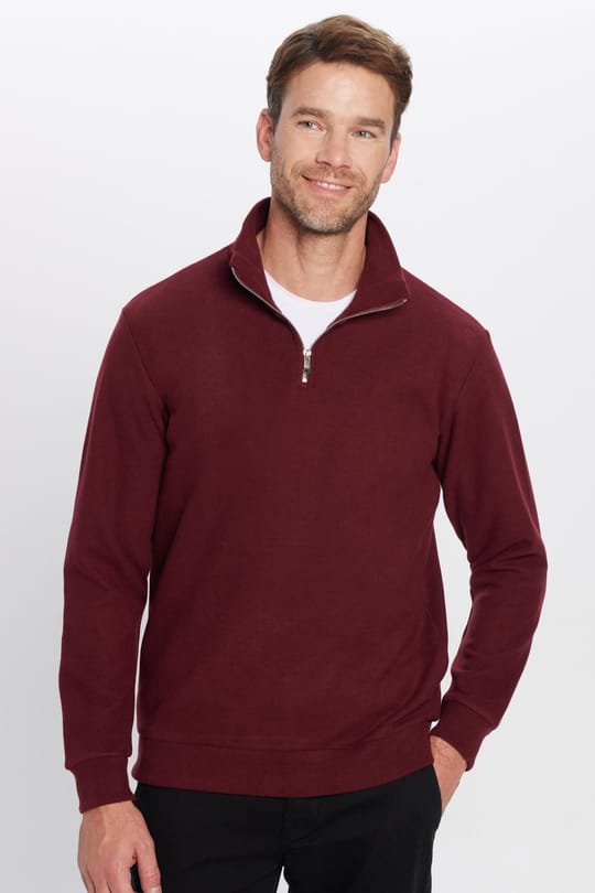 Unisex Relax Fit Rahat Kesim Fitilli Pamuklu Yarım Fermuarlı Bordo Dik Yaka Sweatshirt