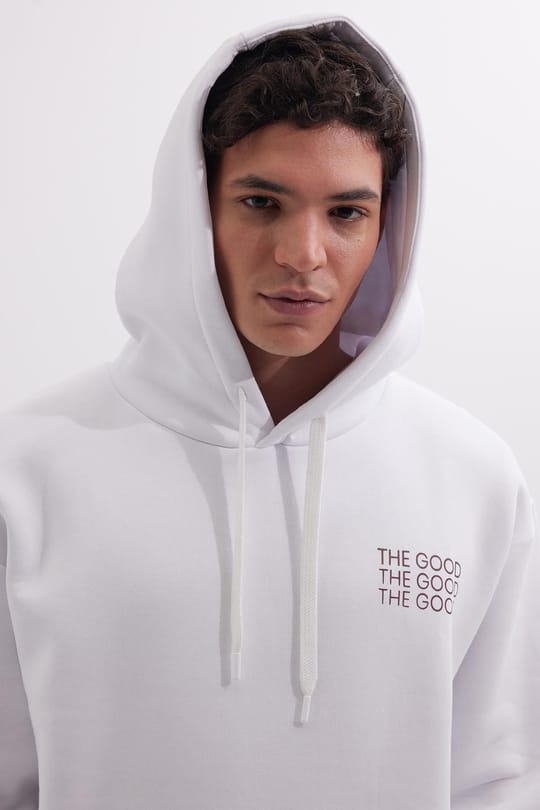 Unisex Oversize Geniş Kesim Pamuklu Yumuşak Dokulu İçi Polarlı Baskılı Beyaz Kapüşonlu Sweatshirt
