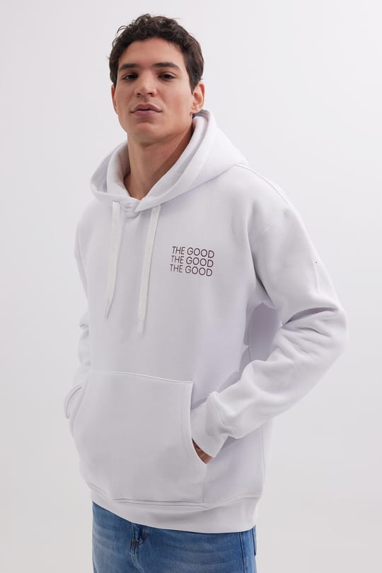 Unisex Oversize Geniş Kesim Pamuklu Yumuşak Dokulu İçi Polarlı Baskılı Beyaz Kapüşonlu Sweatshirt