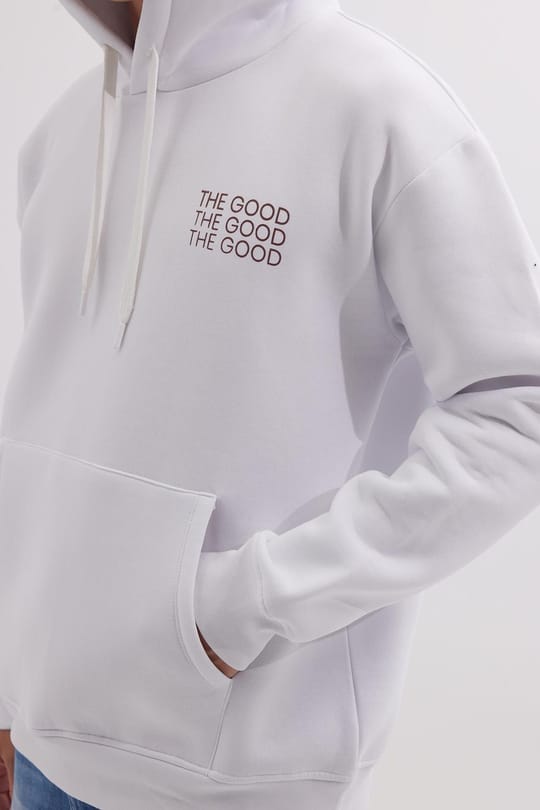 Unisex Oversize Geniş Kesim Pamuklu Yumuşak Dokulu İçi Polarlı Baskılı Beyaz Kapüşonlu Sweatshirt