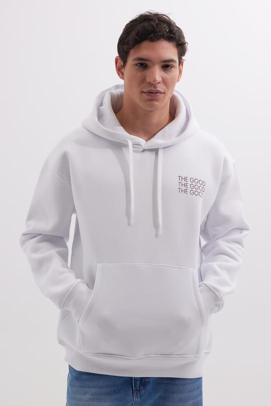 Unisex Oversize Geniş Kesim Pamuklu Yumuşak Dokulu İçi Polarlı Baskılı Beyaz Kapüşonlu Sweatshirt