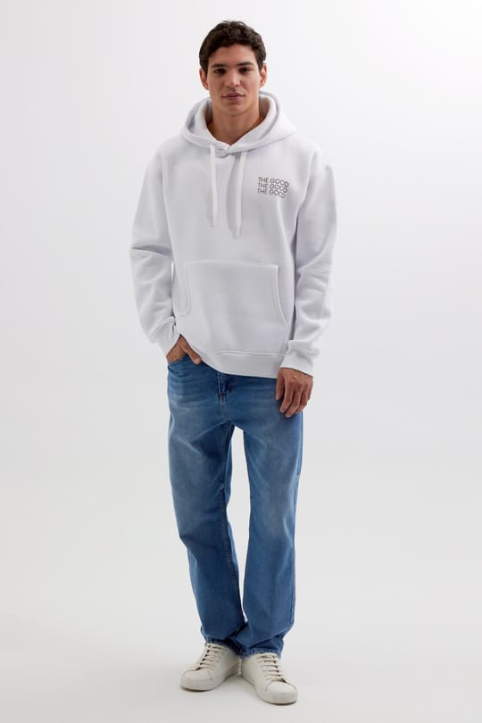 Unisex Oversize Geniş Kesim Pamuklu Yumuşak Dokulu İçi Polarlı Baskılı Beyaz Kapüşonlu Sweatshirt
