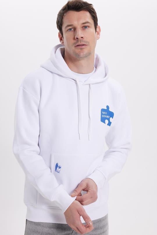 Unisex Oversize Geniş Kesim Pamuklu Yumuşak Dokulu İçi Polarlı Baskılı Beyaz Kapüşonlu Sweatshirt