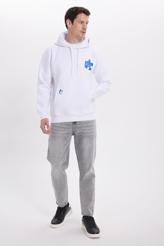 Unisex Oversize Geniş Kesim Pamuklu Yumuşak Dokulu İçi Polarlı Baskılı Beyaz Kapüşonlu Sweatshirt