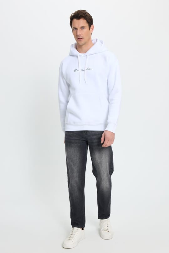 Unisex Oversize Geniş Kesim Pamuklu Yumuşak Dokulu İçi Polarlı Baskılı Beyaz Kapüşonlu Sweatshirt