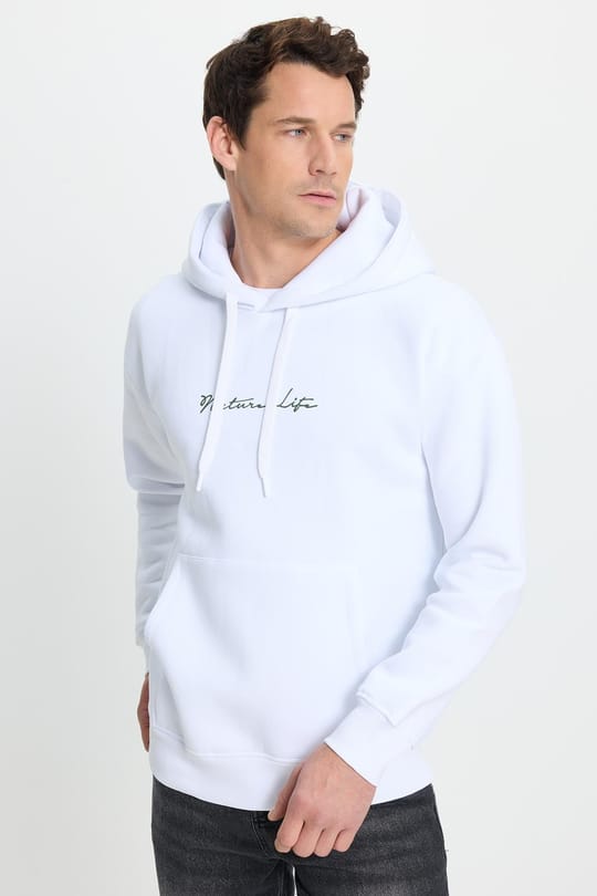 Unisex Oversize Geniş Kesim Pamuklu Yumuşak Dokulu İçi Polarlı Baskılı Beyaz Kapüşonlu Sweatshirt